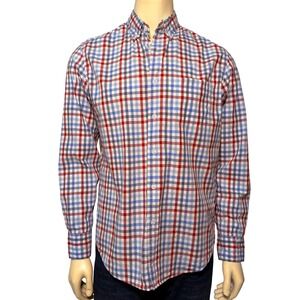 J.Crew Flex Washed Shirt Mens Medium Classic Fit Red Blue Plaid Long Sleeve